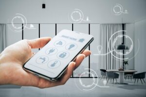 close up hand holding smartphone with abstract digital smart home hologram blurry living room interior background technology innovation concept 670147 35919